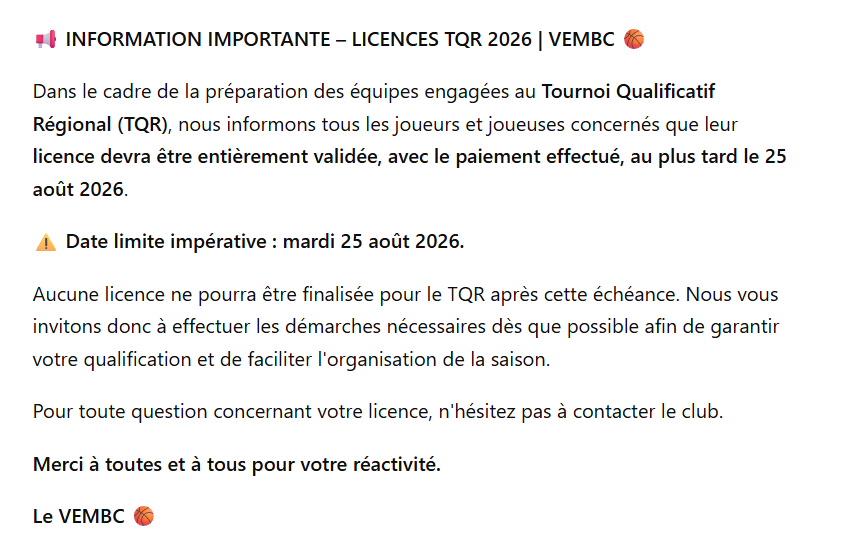Licences des joueurs et joueuses dont l'équipe participera au TQR